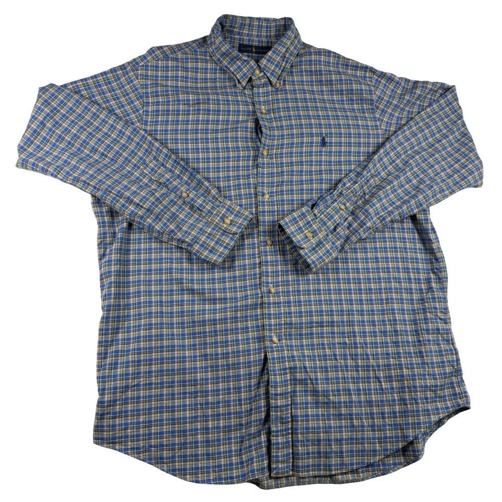 Ralph Lauren Button Down Shirt XL Blue Plaid Cotton Long Sleeve Pony Logo Mens‎